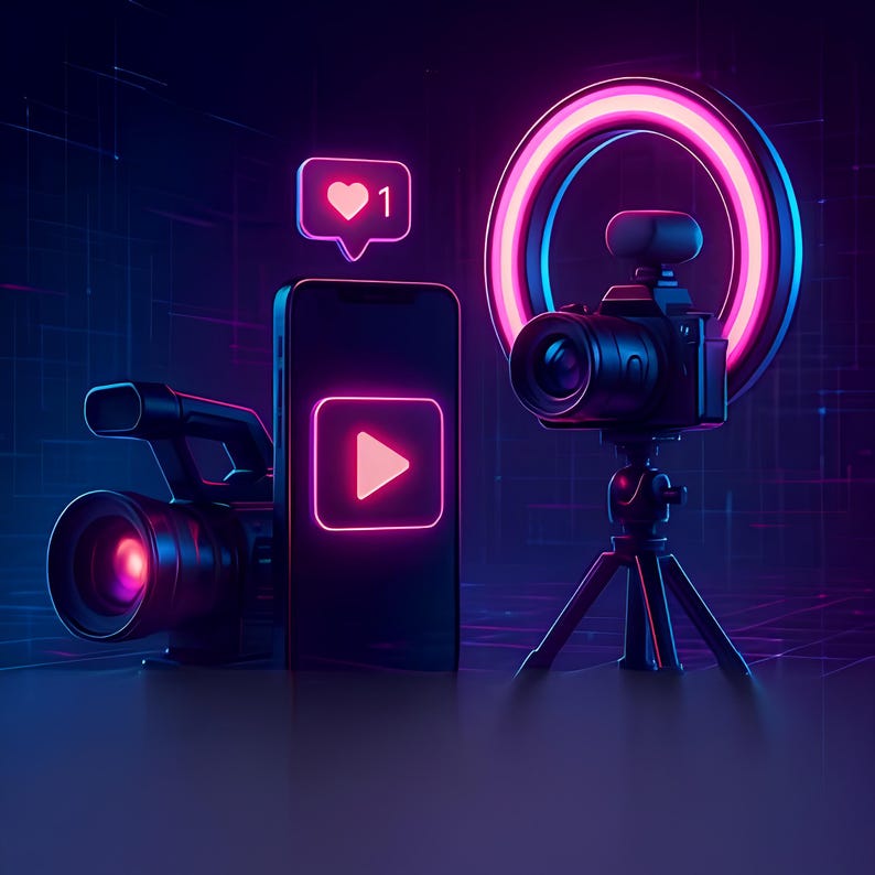 May include: A digital illustration featuring a smartphone with a play button icon, a video camera, and a camera on a tripod with a pink and blue ring light. A heart icon with the number 1 is also present. The background has a grid pattern.