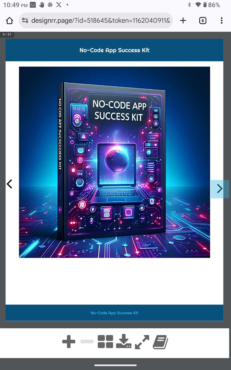 May include: A book cover titled "No-Code App Success Kit" with a futuristic design. The cover features a laptop with a glowing screen, surrounded by neon-colored circuit board elements. The text "NO-CODE APP SUCCESS KIT" is prominently displayed.