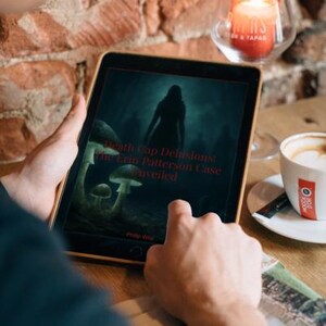 May include: A tablet displaying an e-book cover titled Death Cap Delusions: The Erin Patterson Case Unveiled by Philip Vou, featuring a dark forest scene with glowing mushrooms and a silhouetted figure standing in the center of the screen.