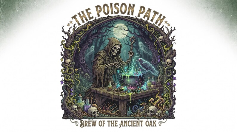 Pu&ograve; includere: Un'illustrazione grafica raffigurante uno scheletro incappucciato che mescola un calderone verde brillante su un tavolo di legno. Il testo recita THE POISON PATH e BREW OF THE ANCIENT OAK. La scena include teschi, un corvo e un bosco scuro.