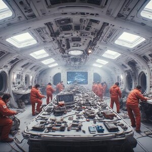 Op de afbeelding: Interieur van een futuristische controlekamer van een ruimteschip. Verschillende mensen in oranje overalls werken aan een grote tafel bedekt met elektronische componenten. De kamer heeft een wit en grijs kleurenschema met meerdere schermen en patrijspoorten.