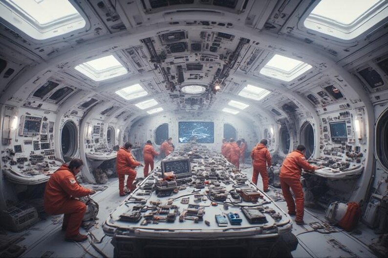 Op de afbeelding: Interieur van een futuristische controlekamer van een ruimteschip. Verschillende mensen in oranje overalls werken aan een grote tafel bedekt met elektronische componenten. De kamer heeft een wit en grijs kleurenschema met meerdere schermen en patrijspoorten.