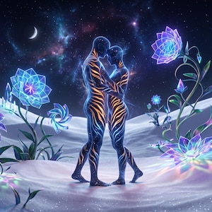 May include: Two figures stand in an embrace, their bodies covered in glowing orange and blue patterns. They are surrounded by large, translucent, geometric flowers in shades of blue and purple, set against a dark, starry night sky with a crescent moon.