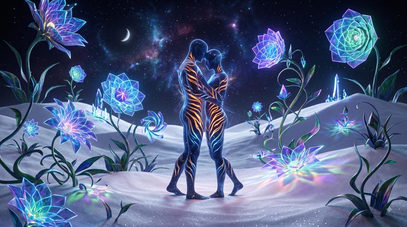 May include: Two figures stand in an embrace, their bodies covered in glowing orange and blue patterns. They are surrounded by large, translucent, geometric flowers in shades of blue and purple, set against a dark, starry night sky with a crescent moon.