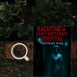 K&ouml;nnte beinhalten: Eine Tasse Kaffee steht neben einem Buchcover mit dem Titel "Haunting of Saint Nocturne's Hospital: Nightmare Ward". Das Cover zeigt eine Krankenschwester in einem Krankenhausflur. Die Szene befindet sich auf einer Ziegeloberfl&auml;che mit Gr&uuml;n.