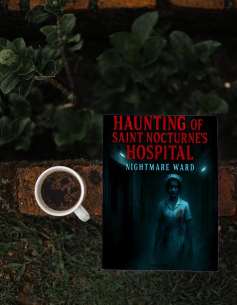 K&ouml;nnte beinhalten: Eine Tasse Kaffee steht neben einem Buchcover mit dem Titel "Haunting of Saint Nocturne's Hospital: Nightmare Ward". Das Cover zeigt eine Krankenschwester in einem Krankenhausflur. Die Szene befindet sich auf einer Ziegeloberfl&auml;che mit Gr&uuml;n.