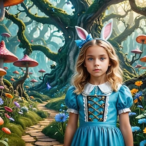 K&ouml;nnte beinhalten: Ein junges M&auml;dchen, verkleidet als Alice im Wunderland, steht in einer fantasievollen Waldkulisse. Sie tr&auml;gt ein blaues Kleid mit wei&szlig;en Spitzenbesatz und ein wei&szlig;es Stirnband mit Hasenohren. Der Hintergrund zeigt einen Weg, der von bunten Pilzen und &uuml;ppigem Gr&uuml;n ges&auml;umt ist.