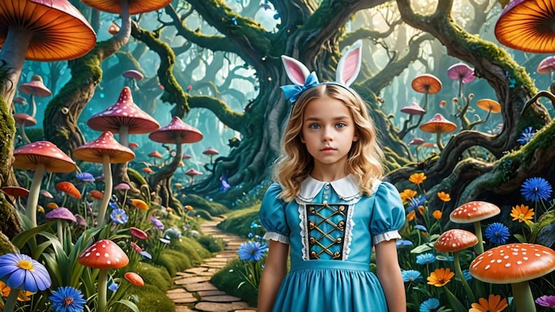 K&ouml;nnte beinhalten: Ein junges M&auml;dchen, verkleidet als Alice im Wunderland, steht in einer fantasievollen Waldkulisse. Sie tr&auml;gt ein blaues Kleid mit wei&szlig;en Spitzenbesatz und ein wei&szlig;es Stirnband mit Hasenohren. Der Hintergrund zeigt einen Weg, der von bunten Pilzen und &uuml;ppigem Gr&uuml;n ges&auml;umt ist.