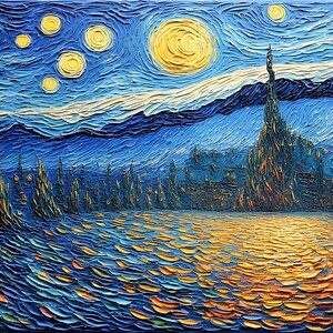 Op de afbeelding: Impasto-schilderij dat een nachtsc&egrave;ne weergeeft met een heldergele maan en sterren in een wervelende blauwe lucht. De voorgrond toont een getextureerd wateroppervlak met gele en oranje penseelstreken. Hoge, donkere bomen en een dorpssilhouet bevinden zich op de achtergrond.