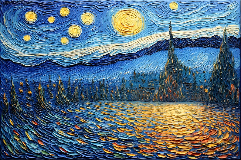 Op de afbeelding: Impasto-schilderij dat een nachtsc&egrave;ne weergeeft met een heldergele maan en sterren in een wervelende blauwe lucht. De voorgrond toont een getextureerd wateroppervlak met gele en oranje penseelstreken. Hoge, donkere bomen en een dorpssilhouet bevinden zich op de achtergrond.