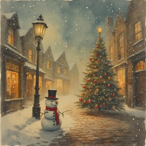 May include: Watercolor painting of a snowy Christmas scene. A snowman with a top hat and red scarf stands in front of a lamppost. A decorated Christmas tree with a star on top is in the background. Buildings line the cobblestone street.