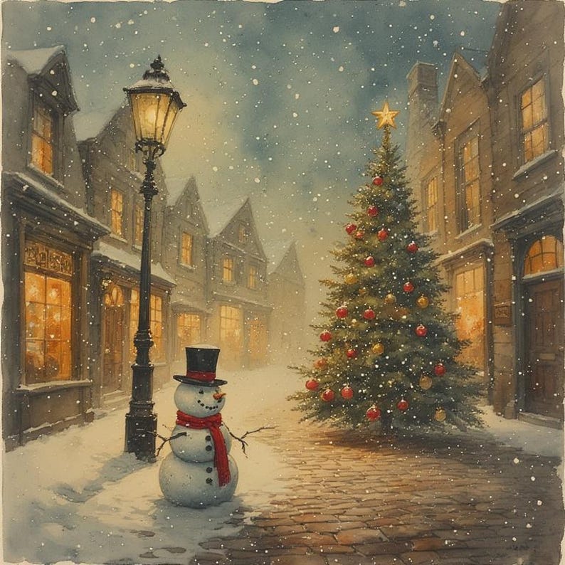 May include: Watercolor painting of a snowy Christmas scene. A snowman with a top hat and red scarf stands in front of a lamppost. A decorated Christmas tree with a star on top is in the background. Buildings line the cobblestone street.