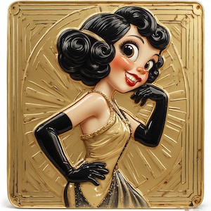 Op de afbeelding: Een gouden Art Deco reli&euml;fsculptuur van een lachende vrouw met zwart haar, rode lippen en zwarte handschoenen. De vrouw draagt een gouden jurk en een ketting. De achtergrond is een gouden zonnestraalontwerp.