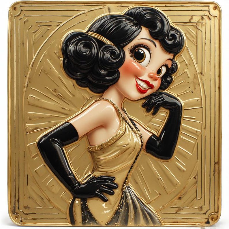 Op de afbeelding: Een gouden Art Deco reli&euml;fsculptuur van een lachende vrouw met zwart haar, rode lippen en zwarte handschoenen. De vrouw draagt een gouden jurk en een ketting. De achtergrond is een gouden zonnestraalontwerp.
