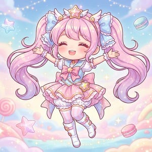 Peut inclure: Un personnage de dessin anim&eacute; aux longues couettes roses, portant une robe &agrave; volants bleue et rose avec un accessoire en forme d'&eacute;toile, des bottes blanches et un n&oelig;ud assorti, sur un fond pastel avec des &eacute;toiles, macarons et oursons.