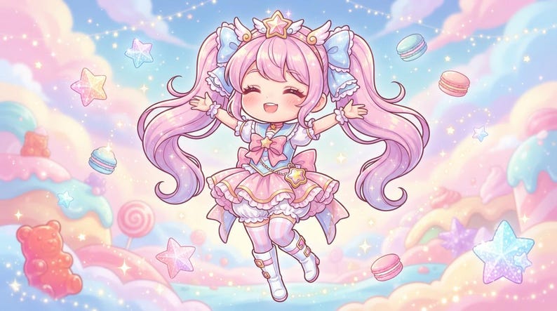 Peut inclure: Un personnage de dessin anim&eacute; aux longues couettes roses, portant une robe &agrave; volants bleue et rose avec un accessoire en forme d'&eacute;toile, des bottes blanches et un n&oelig;ud assorti, sur un fond pastel avec des &eacute;toiles, macarons et oursons.