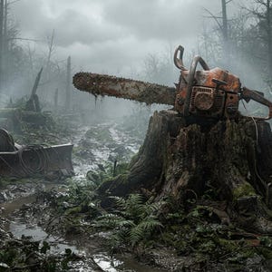 May include: A weathered, orange chainsaw with a long guide bar rests atop a large, dark tree stump in a misty, overgrown forest clearing. The tool shows signs of rust and age, positioned near a muddy path with fallen logs and dense green ferns.