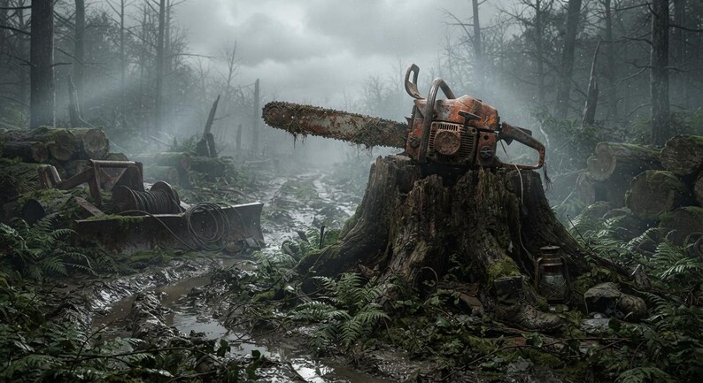 May include: A weathered, orange chainsaw with a long guide bar rests atop a large, dark tree stump in a misty, overgrown forest clearing. The tool shows signs of rust and age, positioned near a muddy path with fallen logs and dense green ferns.