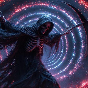 Puede incluir: Ilustraci&oacute;n digital de la Parca, una figura esquel&eacute;tica con una capa con capucha negra, sosteniendo una guada&ntilde;a. El fondo presenta un v&oacute;rtice arremolinado de luces rojas y azules, creando un tema c&oacute;smico o de fantas&iacute;a.