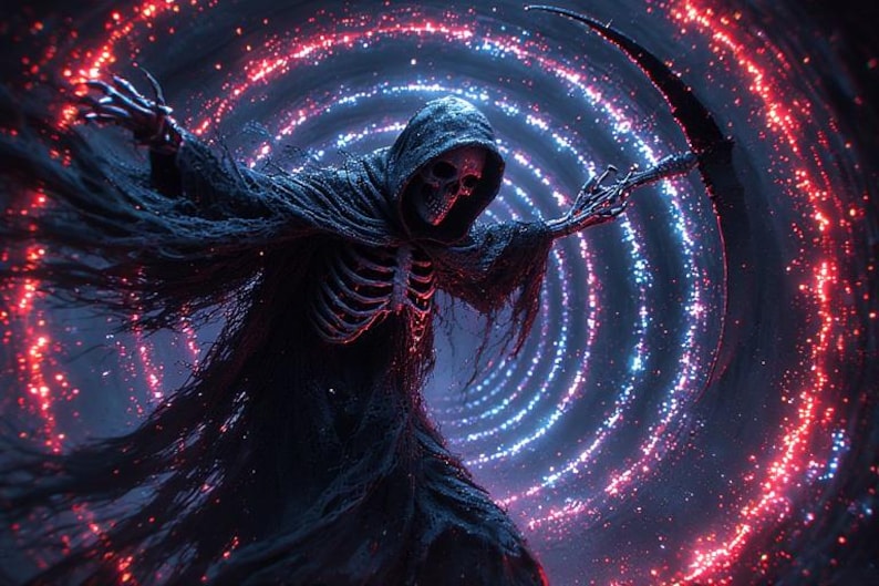 Puede incluir: Ilustraci&oacute;n digital de la Parca, una figura esquel&eacute;tica con una capa con capucha negra, sosteniendo una guada&ntilde;a. El fondo presenta un v&oacute;rtice arremolinado de luces rojas y azules, creando un tema c&oacute;smico o de fantas&iacute;a.