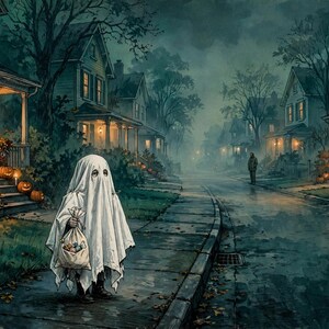 May include: A figure dressed in a white sheet ghost costume stands on a sidewalk at night, holding a beige drawstring bag filled with candy. The scene features a suburban street lined with houses decorated with glowing orange jack-o'-lanterns.