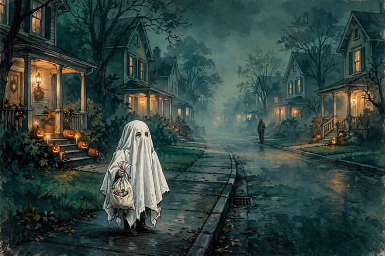 May include: A figure dressed in a white sheet ghost costume stands on a sidewalk at night, holding a beige drawstring bag filled with candy. The scene features a suburban street lined with houses decorated with glowing orange jack-o'-lanterns.