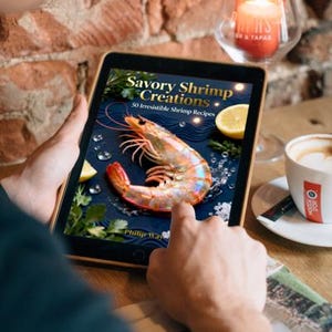 May include: A person holding a tablet displaying the cover of "Savory Shrimp Creations: 50 Irresistible Shrimp Recipes." The cover features a large shrimp, lemon slices, and parsley on a dark blue background. A lit candle and a cup of coffee are also visible.