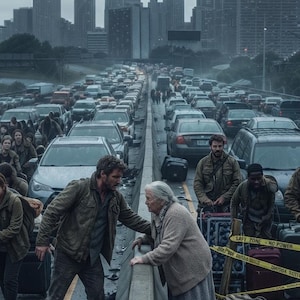May include: A scene on a congested motorway with a skyline in the background. A person in a brown jacket assists an elderly person in a beige cardigan over a concrete median. Numerous cars, luggage, and yellow caution tape marked SAFE ZONE are visible.