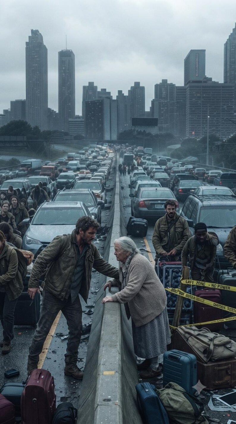 May include: A scene on a congested motorway with a skyline in the background. A person in a brown jacket assists an elderly person in a beige cardigan over a concrete median. Numerous cars, luggage, and yellow caution tape marked SAFE ZONE are visible.