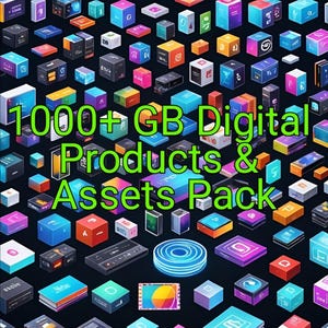 Op de afbeelding: Een verzameling kleurrijke digitale productdozen, elk met een ander ontwerp en pictogram. De dozen zijn in een rasterpatroon gerangschikt en op elkaar gestapeld. De tekst "1000+ GB Digital Products & Assets Pack" wordt in groene letters bovenaan de afbeelding weergegeven.