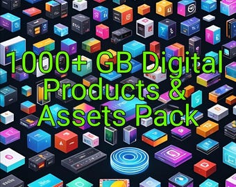 May include: A collection of colorful digital product boxes, each with a different design and icon. The boxes are arranged in a grid pattern and are stacked on top of each other. The text "1000+ GB Digital Products & Assets Pack" is displayed in green letters at the top of the image.