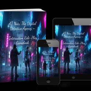 以下が含まれることがあります： 書籍、タブレット、スマートフォンに「AI Noir: The Digital Detective Agency - Interactive Role-Play Gamebook」の表紙が表示されています。表紙には、ネオンライトと2人の人物が描かれた未来的な都市景観が描かれています。