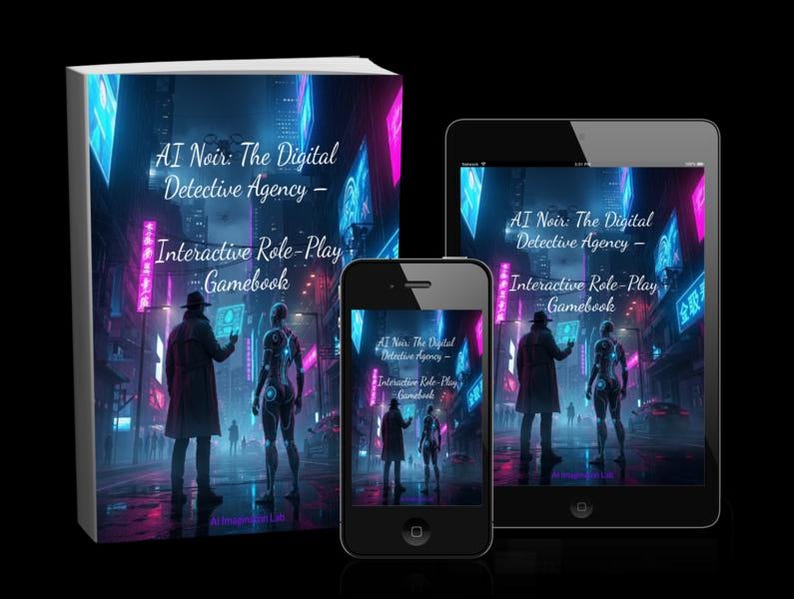 以下が含まれることがあります： 書籍、タブレット、スマートフォンに「AI Noir: The Digital Detective Agency - Interactive Role-Play Gamebook」の表紙が表示されています。表紙には、ネオンライトと2人の人物が描かれた未来的な都市景観が描かれています。