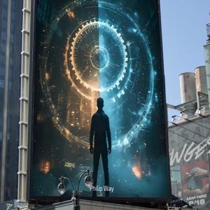 May include: A large billboard displays the book cover for "Code Breaker: A Journey of the Ages." The artwork features a silhouetted figure against a split background of orange and blue, with a circular design. The author's name, Philip Way, is also visible.