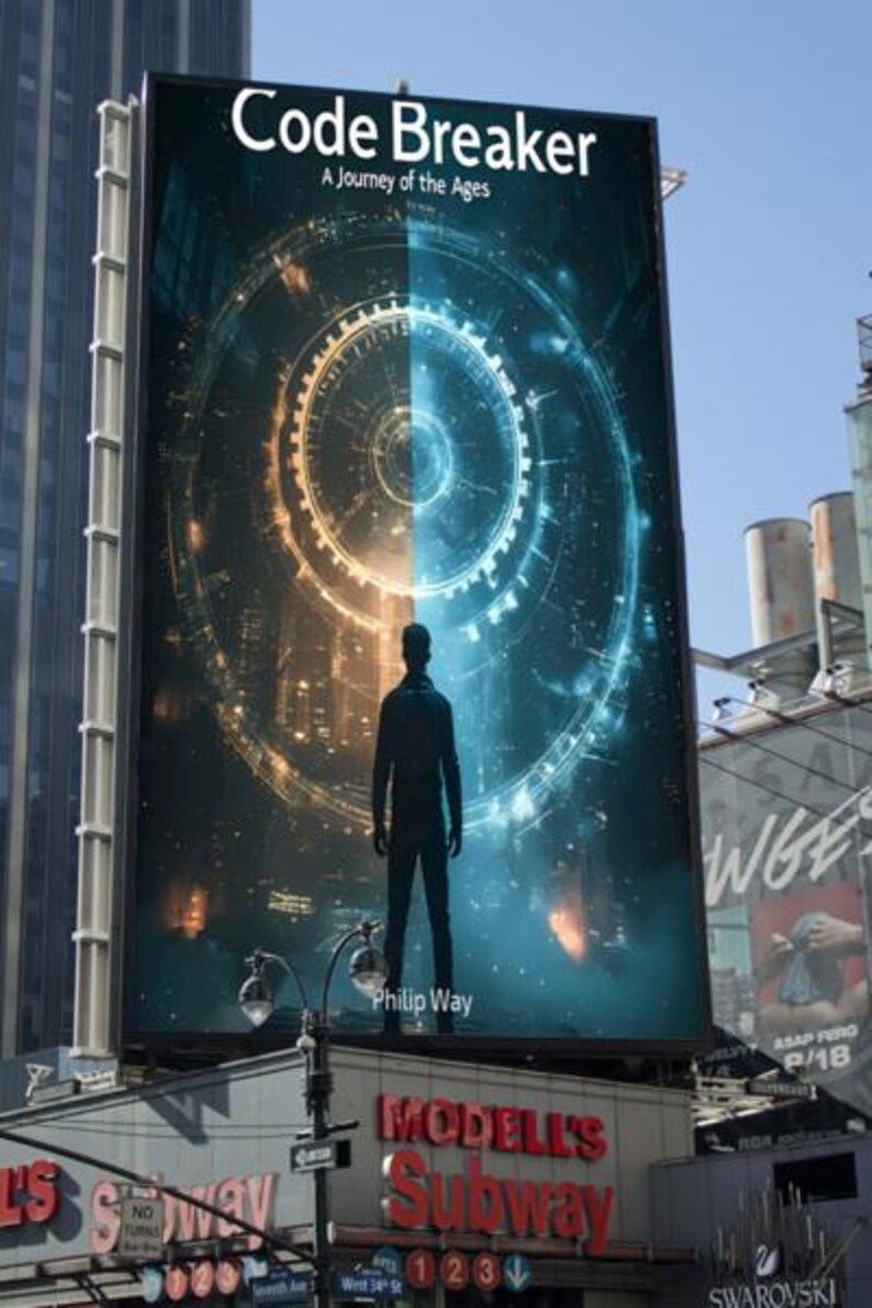 May include: A large billboard displays the book cover for "Code Breaker: A Journey of the Ages." The artwork features a silhouetted figure against a split background of orange and blue, with a circular design. The author's name, Philip Way, is also visible.