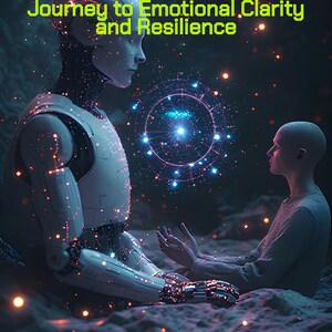 May include: Digital artwork featuring an AI robot and a human in a futuristic setting. The text reads "AI Therapist: Your Guided Journey to Emotional Clarity and Resilience." The AI Imagination Lab logo is at the bottom.