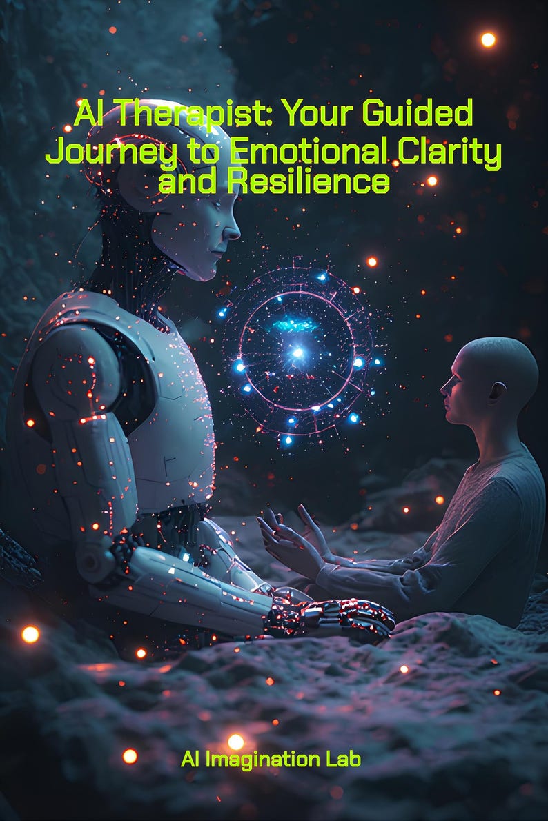 May include: Digital artwork featuring an AI robot and a human in a futuristic setting. The text reads "AI Therapist: Your Guided Journey to Emotional Clarity and Resilience." The AI Imagination Lab logo is at the bottom.
