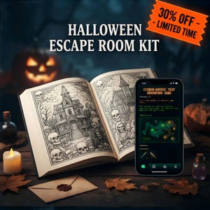 May include: A Halloween escape room kit featuring an open book with black and white illustrations of a haunted house and skulls, alongside a smartphone displaying a cyber-gothic text adventure game with a map and inventory icons on the screen.