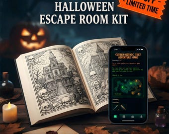 Può includere: Un kit escape room di Halloween con un libro aperto contenente illustrazioni in bianco e nero di una casa stregata e teschi, insieme a uno smartphone che mostra un gioco di avventura testuale cyber-gothic con una mappa e icone inventario.