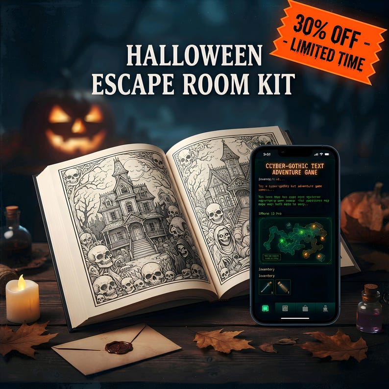 May include: A Halloween escape room kit featuring an open book with black and white illustrations of a haunted house and skulls, alongside a smartphone displaying a cyber-gothic text adventure game with a map and inventory icons on the screen.
