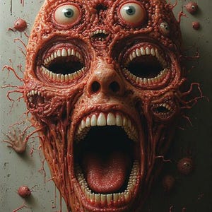 Puede incluir: Una grotesca escultura carnosa de una cara gritando con m&uacute;ltiples bocas, ojos y dientes. La escultura es de color rojo intenso y parece estar goteando. Tambi&eacute;n hay varias esferas m&aacute;s peque&ntilde;as, esf&eacute;ricas, llenas de dientes y una mano desmembrada.
