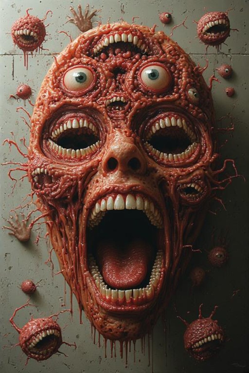 Puede incluir: Una grotesca escultura carnosa de una cara gritando con m&uacute;ltiples bocas, ojos y dientes. La escultura es de color rojo intenso y parece estar goteando. Tambi&eacute;n hay varias esferas m&aacute;s peque&ntilde;as, esf&eacute;ricas, llenas de dientes y una mano desmembrada.