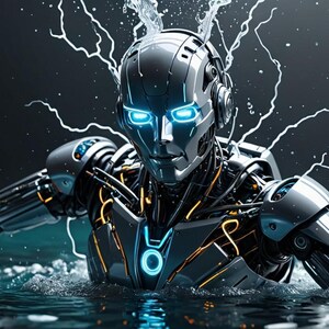 K&ouml;nnte beinhalten: Ein silberner Roboter mit leuchtend blauen Augen taucht aus dem Wasser auf, umgeben von spritzendem Wasser. Der K&ouml;rper des Roboters besteht aus Metall und hat sichtbare Dr&auml;hte und Zahnr&auml;der.