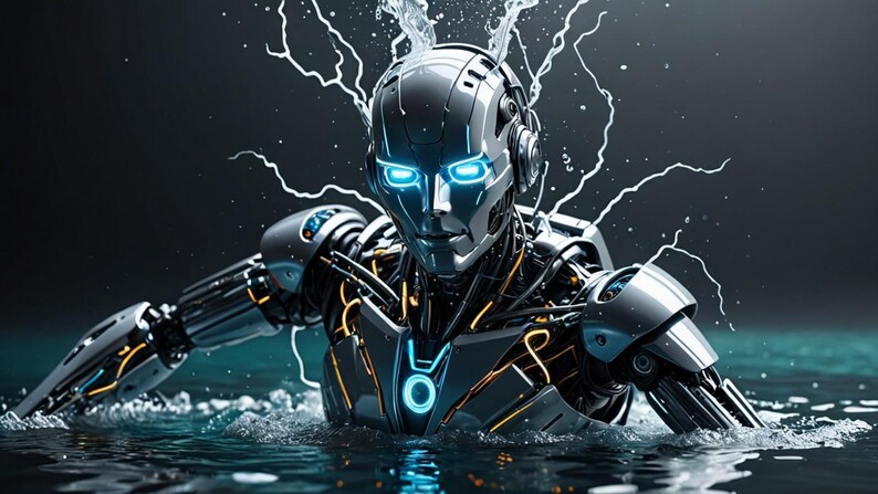 K&ouml;nnte beinhalten: Ein silberner Roboter mit leuchtend blauen Augen taucht aus dem Wasser auf, umgeben von spritzendem Wasser. Der K&ouml;rper des Roboters besteht aus Metall und hat sichtbare Dr&auml;hte und Zahnr&auml;der.