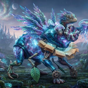 May include: A fantastical creature with iridescent wings, metallic blue armour, and glowing purple internal structures. It holds a glowing jellyfish and an open book with the text Creative Commons, set against a backdrop of a cosmic landscape.
