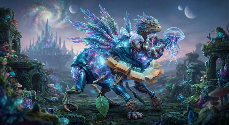 May include: A fantastical creature with iridescent wings, metallic blue armour, and glowing purple internal structures. It holds a glowing jellyfish and an open book with the text Creative Commons, set against a backdrop of a cosmic landscape.