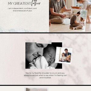 Puede incluir: Un collage de fotograf&iacute;as que muestra a un padre y un hijo en varios momentos, incluyendo el texto MY GREATEST father, I am independent, confident, and brave because of you, MY BEST friend, y You're my favorite shoulder to cry on.