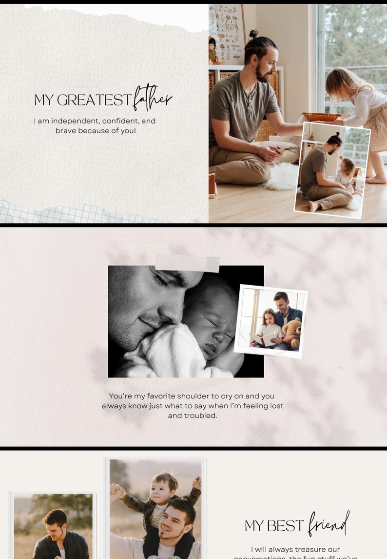 Puede incluir: Un collage de fotograf&iacute;as que muestra a un padre y un hijo en varios momentos, incluyendo el texto MY GREATEST father, I am independent, confident, and brave because of you, MY BEST friend, y You're my favorite shoulder to cry on.