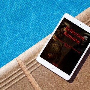 May include: A white tablet displaying the text "Reflection Remorse" with a dark, artistic image. The tablet rests on a brown surface next to a blue tiled pool. The image on the tablet appears to be a book cover.