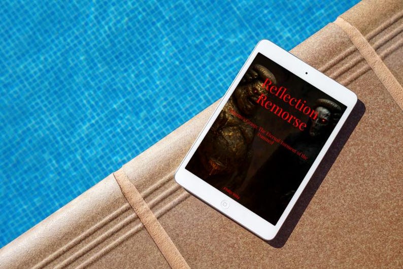 May include: A white tablet displaying the text "Reflection Remorse" with a dark, artistic image. The tablet rests on a brown surface next to a blue tiled pool. The image on the tablet appears to be a book cover.
